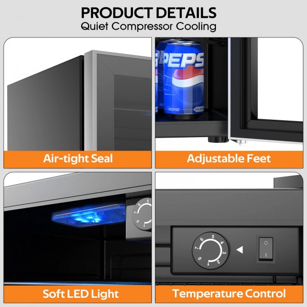 46L Bar Fridge Glass Door Mini Fridge Refrigerator